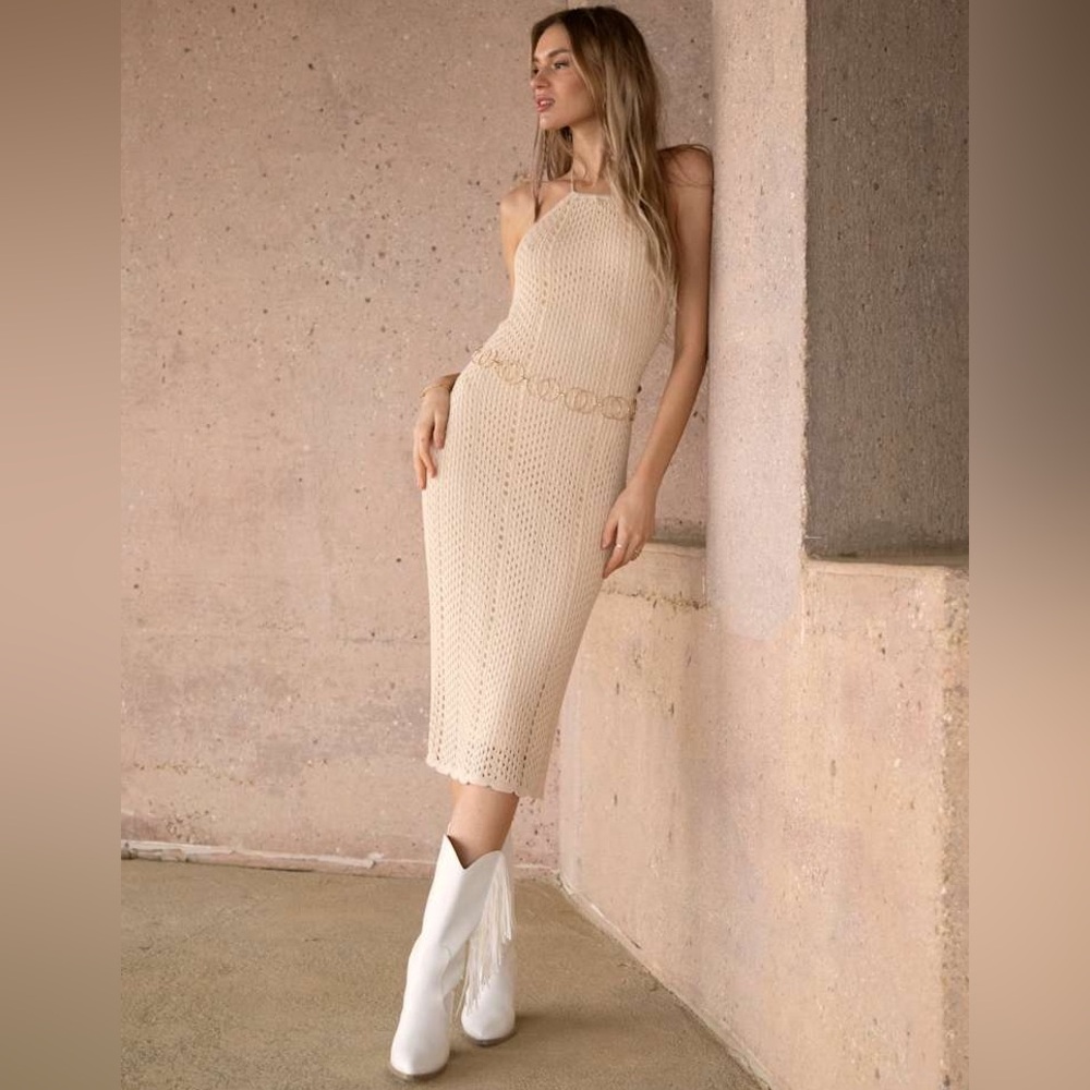 Lulu's Sensational Sunshine Beige Crochet Halter Midi Dress Size XS
